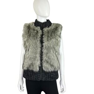 LOFT Ann Taylor Vest Women M/L Gray Faux Fur Wool Blend Sweater Zip Front Winter